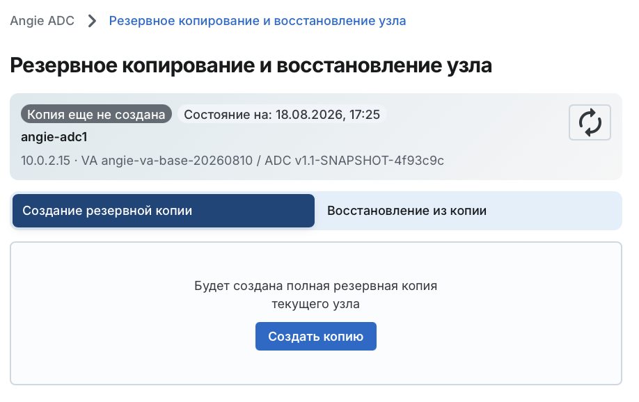 Angie ADC - вкладка "Создание резервной копии"