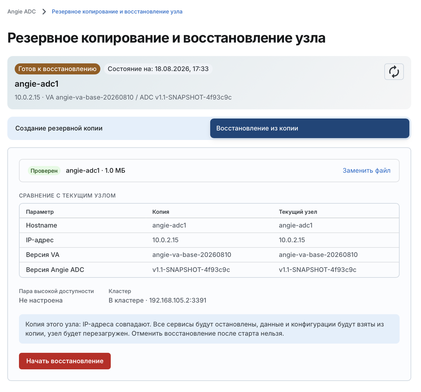 Angie ADC - вкладка "Восстановление из копии"